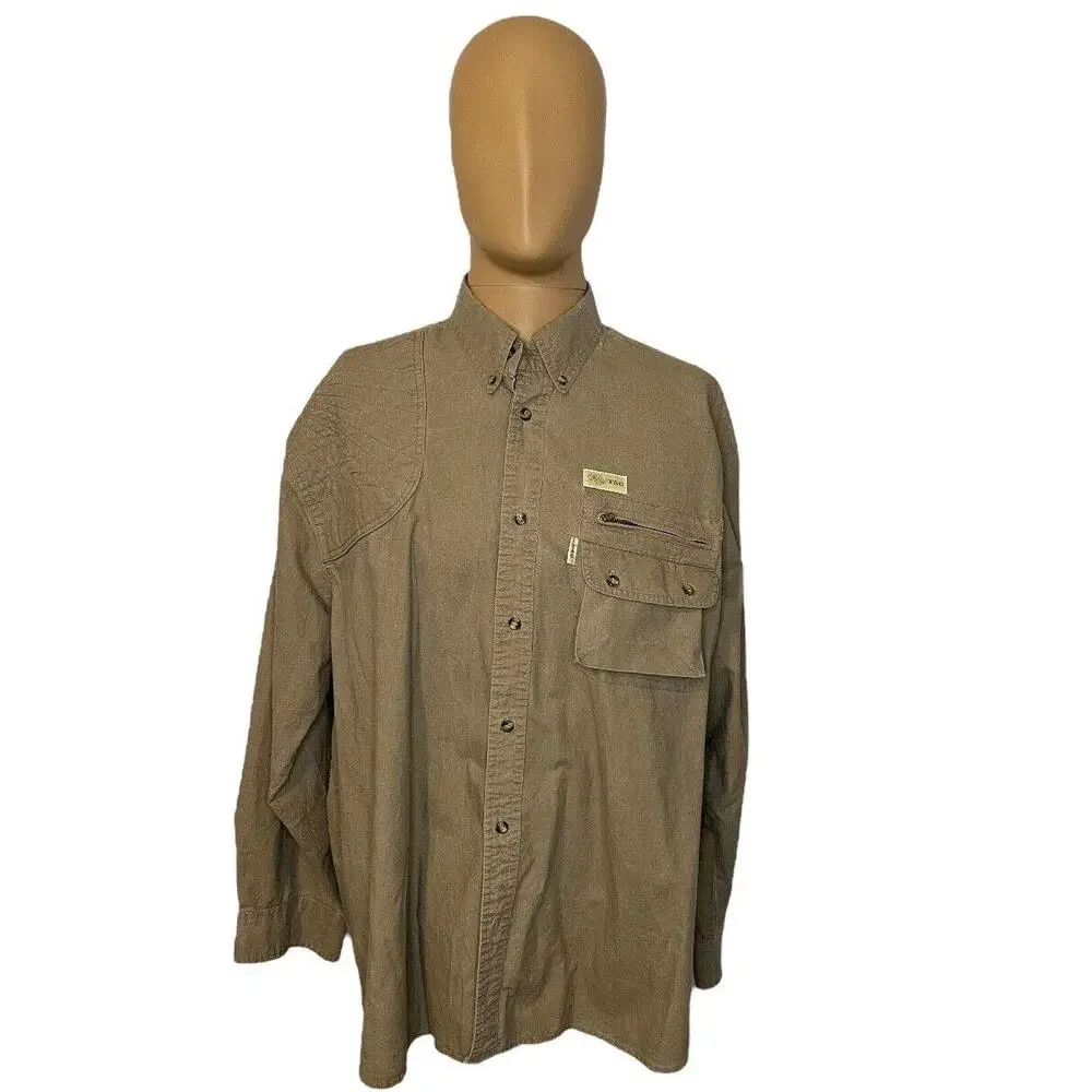 Vintage TAG Safari Travel Clothing Khaki Padded Shooting Long Sleeve Shirt SZ XL